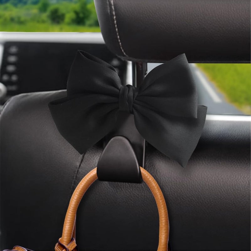 LIFOPY 2 Pack Car Purse Hooks, Cute Bow Car Seat Headrest Hook Hanger for Purses and Bags, Space-Saving Car Accessory (Black silk) - Image 3